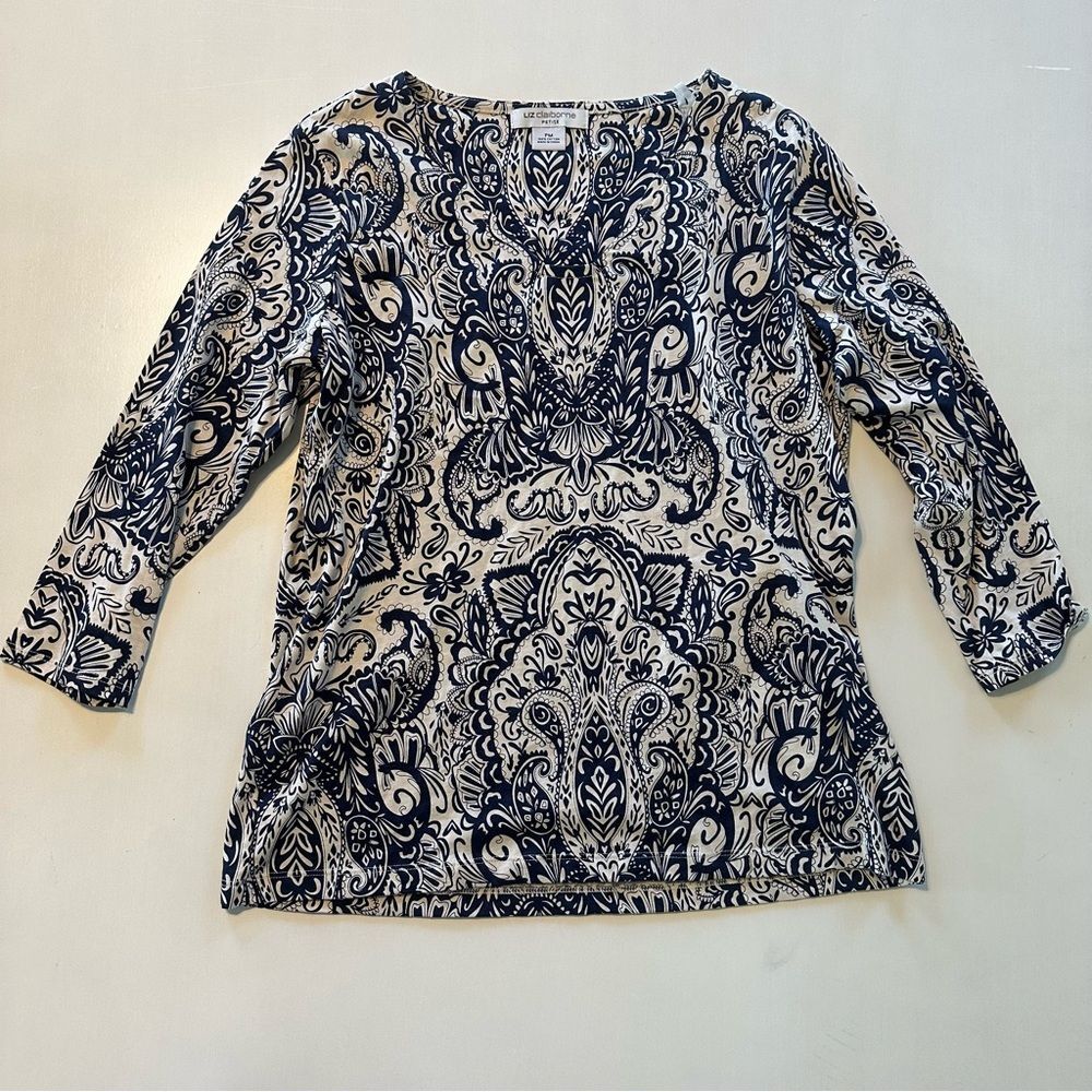 Liz Claiborne Petite Medium Blouse Paisley Navy Cream 3/4 Sleeve 100% cotton